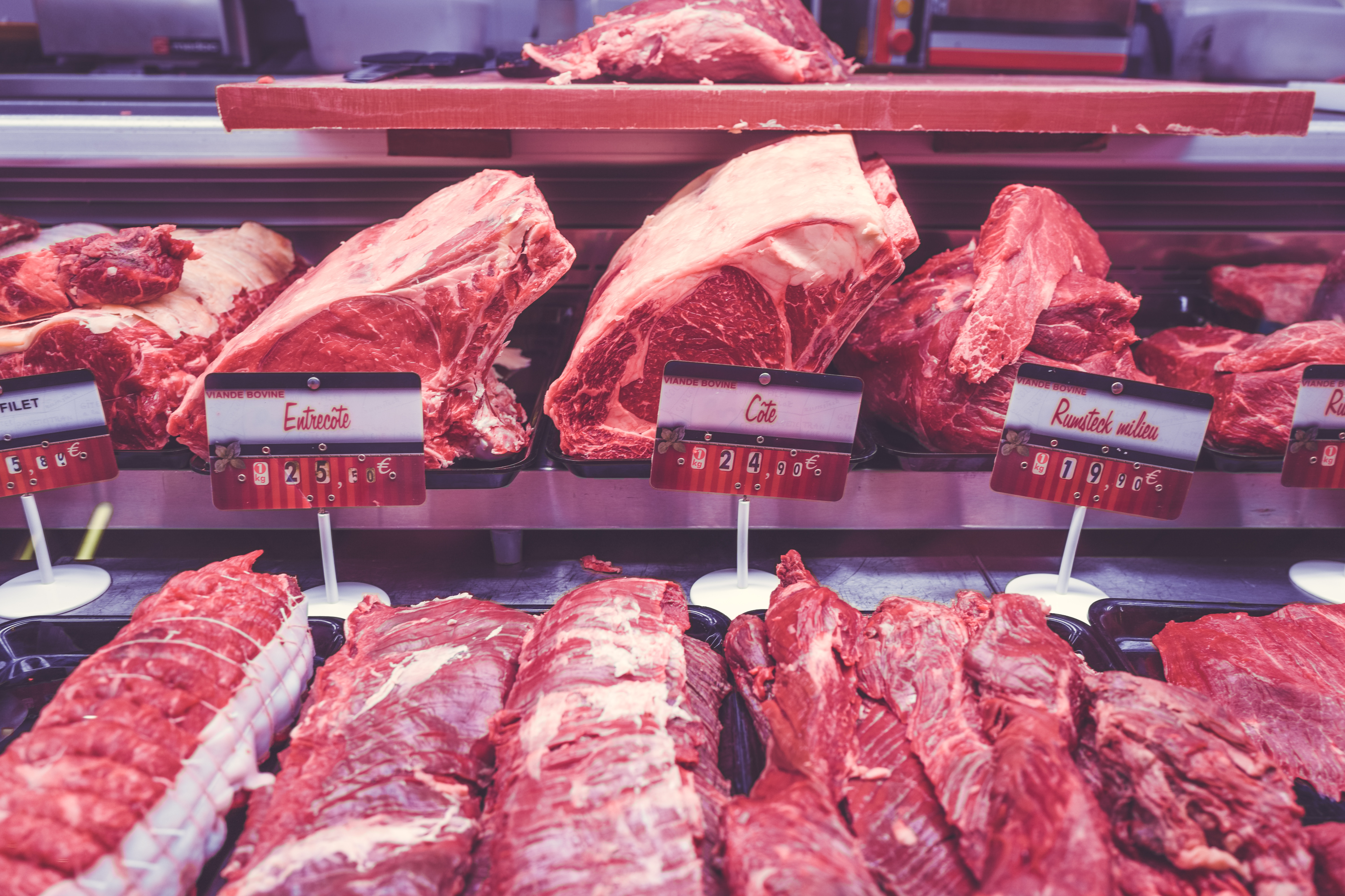 Raw meat in a butcher's case