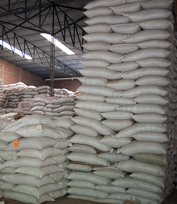 Coffee beans in bags in warehouse