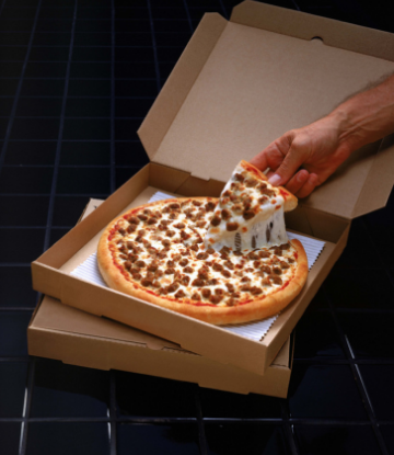 Supply Chain Scene, image of hand reaching for a sausage pizza in a box 