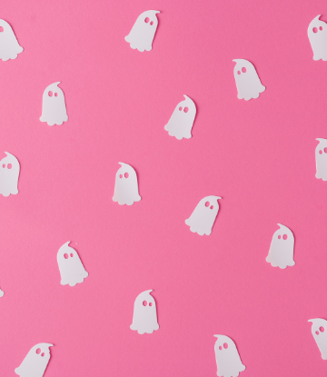 Supply Chain Scene, image of tiny white paper ghosts on a pink background