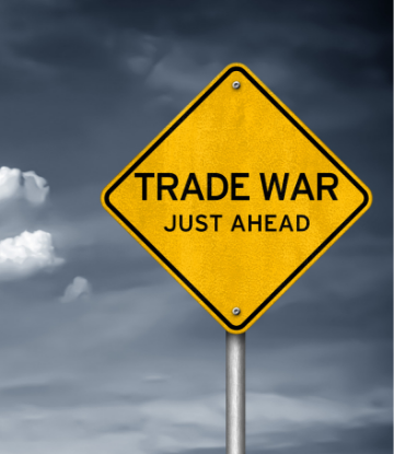 Supply Chain Scene, picture of a yellow caution sign, "Trade War Just Ahead"