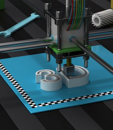 Supply Chain Scene, image of a 3D printer, printing the words "3D"