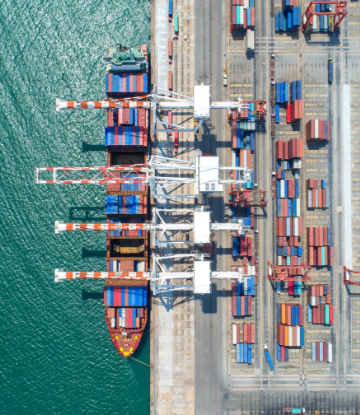 Supply Chain Scene, overhead image of a large ocean container ship 