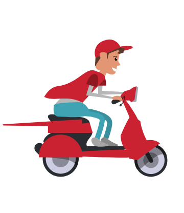 SCS, animated graphic of man on red scooter 