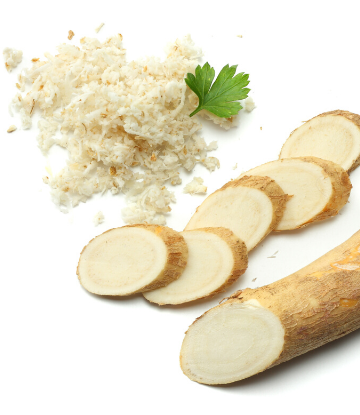 SCS, image of fresh horseradish, the root, sliced and shredded 