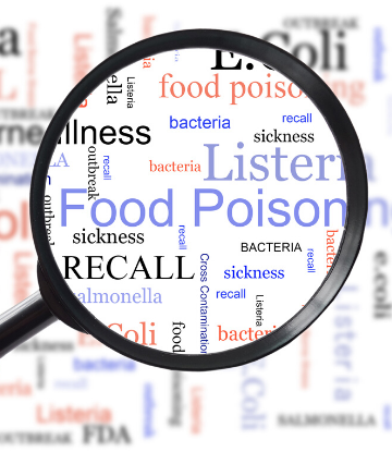 Scs, image of a magnifying glass over words listing various food poisoning types