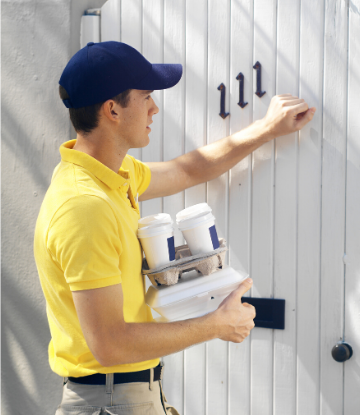 SCS, image of a food delivery person knocking on a residence door 