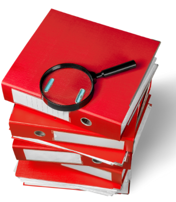 SCS, image of a stack of red binders with a magnifying glass laying on top 