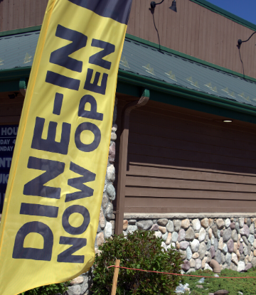 SCS, image of a restaurant with a banner that reads DINE-IN NOW OPEN 