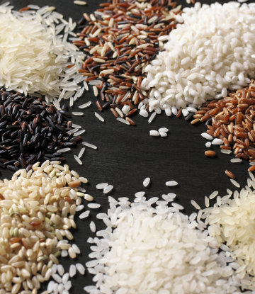 SCS, image of 7 piles of various types of rice 