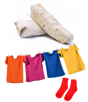 SCS, image of a burrito with socks and t-shirts 