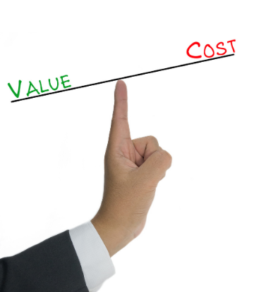 Image of a index finger balancing the workds Value and Cost 