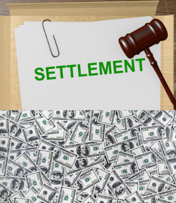 Image of a pile of money under a court document that reads SETTLEMENT 
