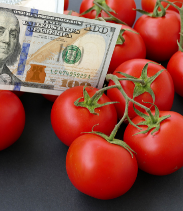 Tomatos with a $100 bill on them