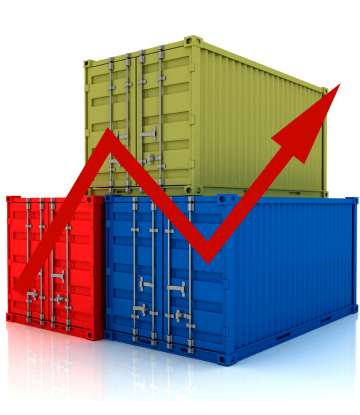 Containers with a red arrow pointing upward 