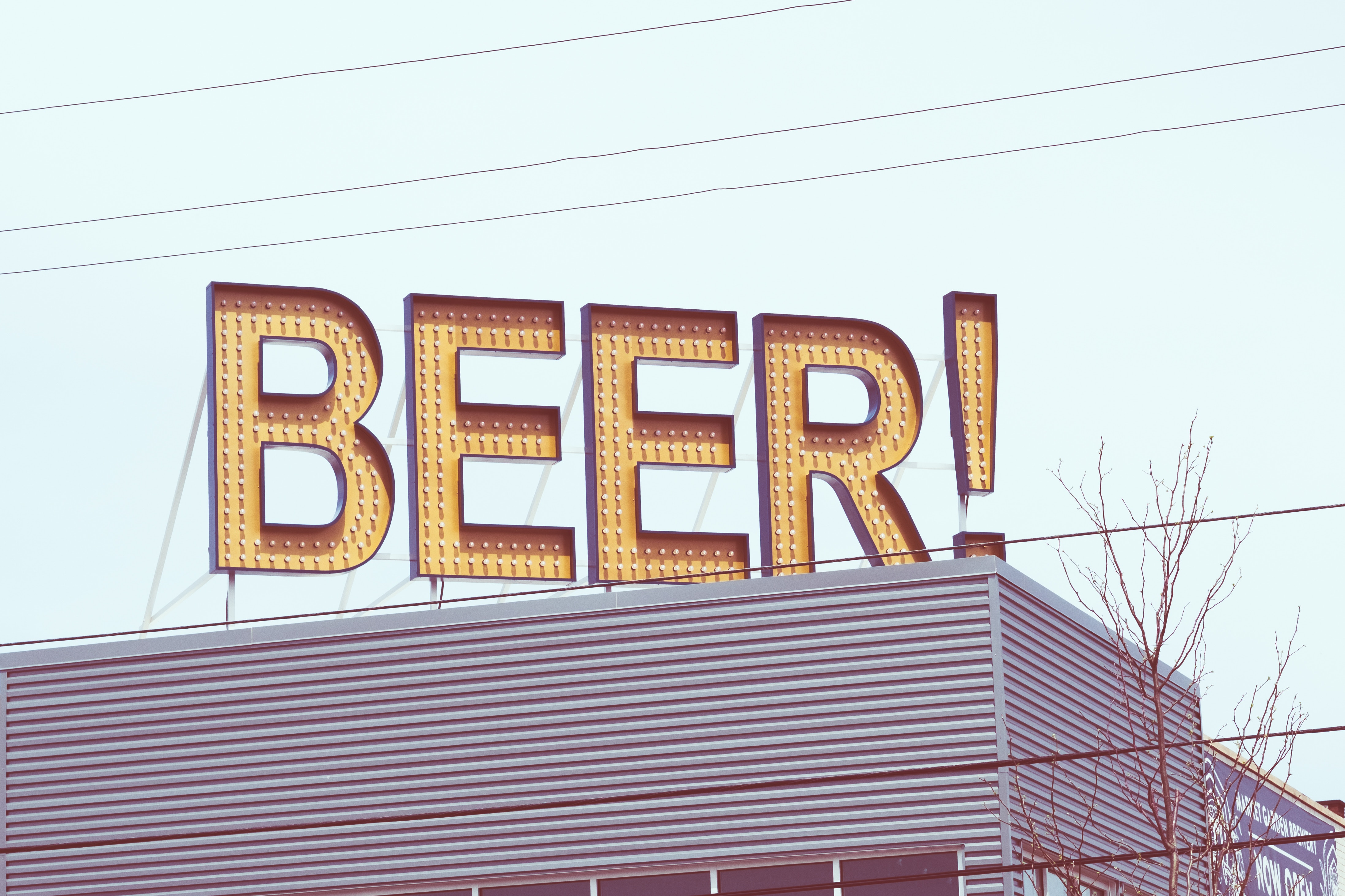 A sign with the word 'BEER!' on top of a roof.