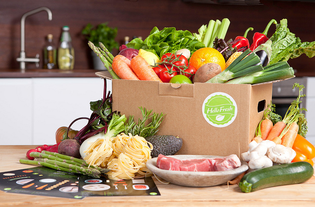Hello Fresh box with ingredients (beef and vegetables)