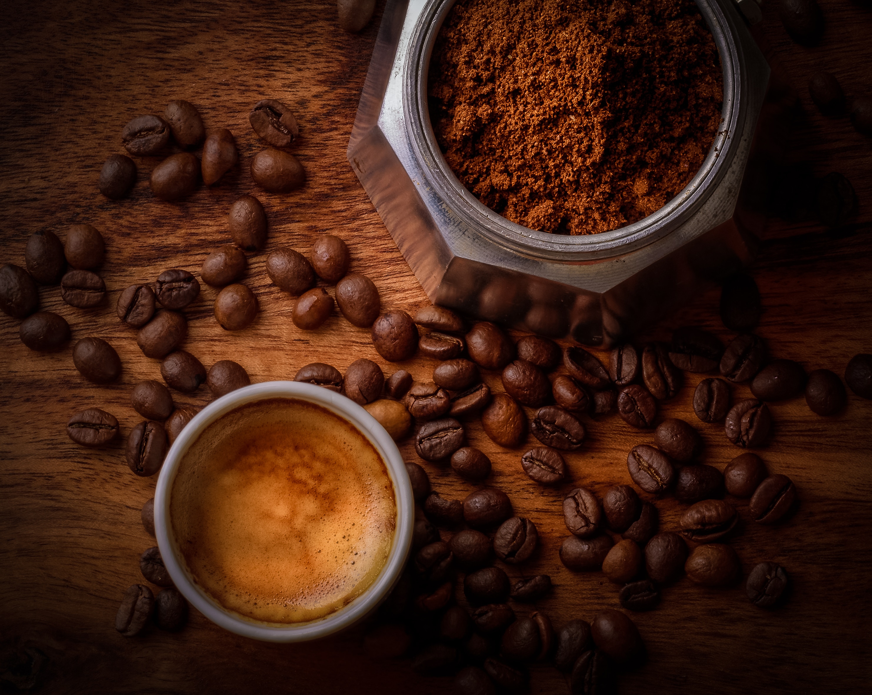 Coffee beans, ground coffee and brewed coffee