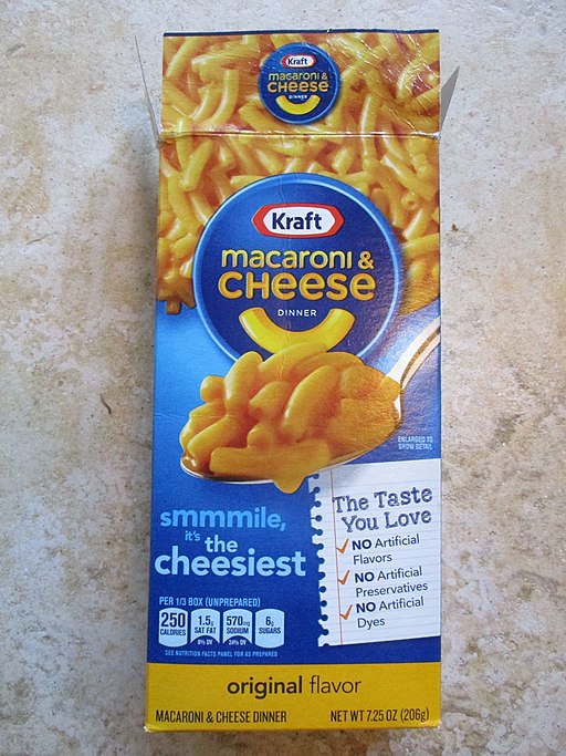 Kraft Macaroni and Cheese box with text about "no artificial X, Y, and Z"