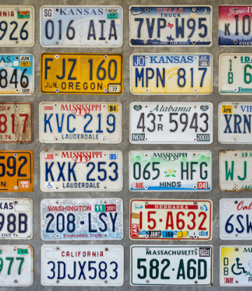 Supply Chain Scene, image of a wall of license plates from many states