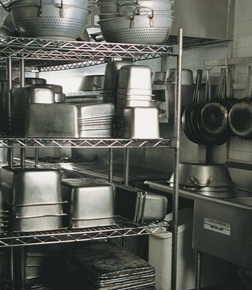 Supply Chain Scene, image of pots and pans in a restaurant kitchen 