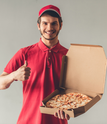 Supply Chain Scene, image of a pizza delivery guy holding a pizza box and giving a "thumbs up". 