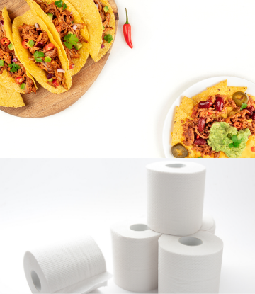 SCS, image of taco plates near several rolls of toilet paper 