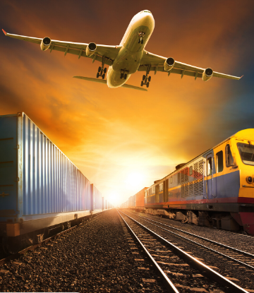 SCS, image of a truck, train and airplane traveling against setting sun background 