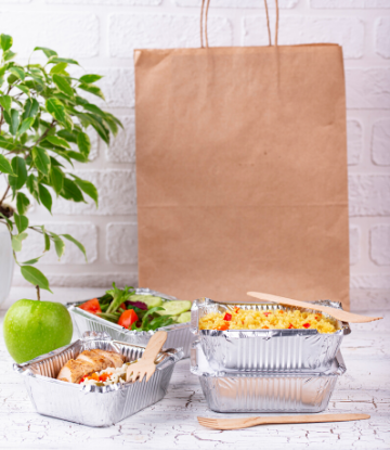 SCS, image of takeout food in containers with brown kraft paper handle bag 