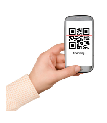 SCS, image of a hand holding a smart phone with a QR code on the screen 