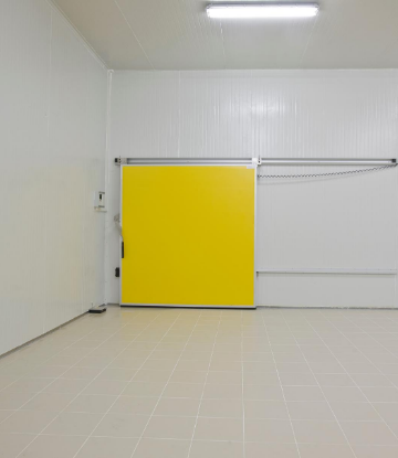 Scs, image of a closed yellow door inside an empty food cold storage freezer