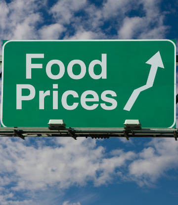 Green road sign that reads Food Prices with an arrow pointing upward 