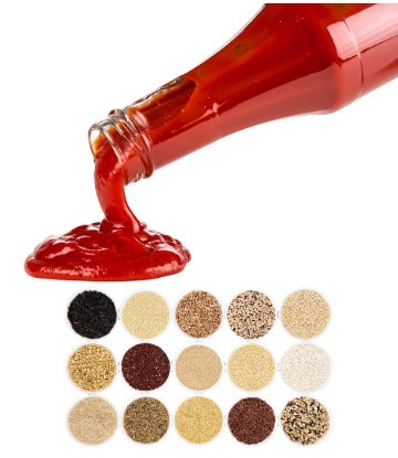 Image of ketchup being poured and an assortment of grains