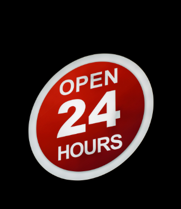 Red circle sign that reads OPEN 24 HOURS 