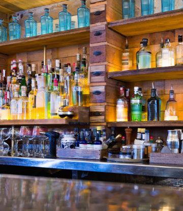 Image of a back bar with liquor bottles 