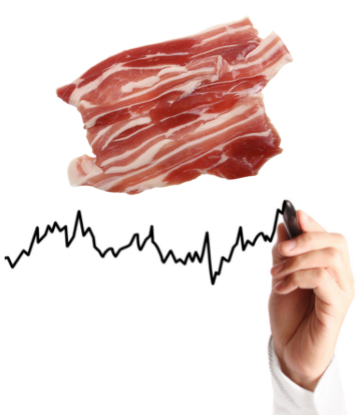 Image of bacon and a line graph trending 