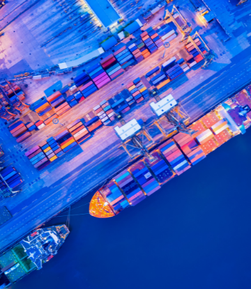 Overhead image of a shipping port at dusk 