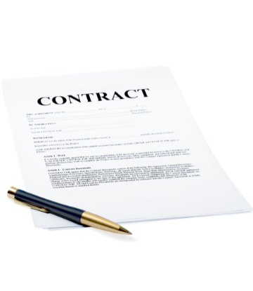 Image of pen and paper labeled "contract" 