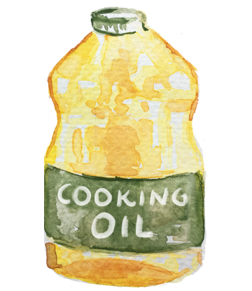 Watercolor of a bottle that reads COOKING OIL