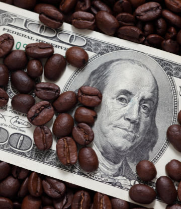 coffee beans on top of $100 bills 