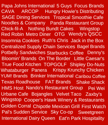 Brands shown in white font on red background 