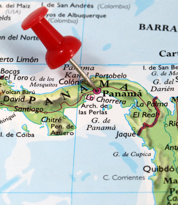 Map of the Panama Canal with a pushpin 