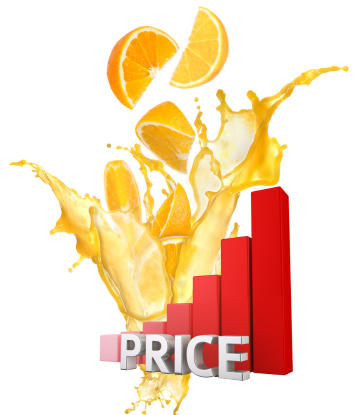 Splash of orange juice with a red rising price bar chart