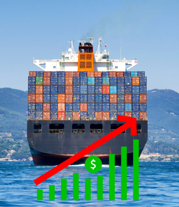 A container ship with a red arrow on it pointing upward 