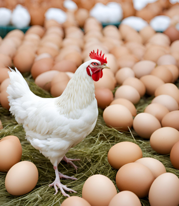 Chicken standing near a pile of eggs 