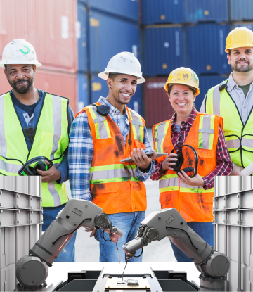 port workers with robot arms 