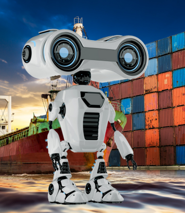 Robot in front of freight containers