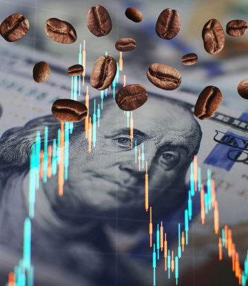 coffee beans on a trending dollar ticker