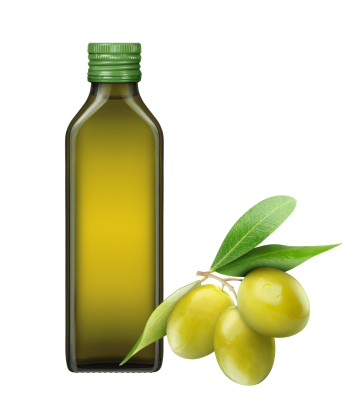 Bottle of olive oil with olives 