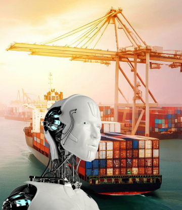 Futuristic robot looking at a shipping port